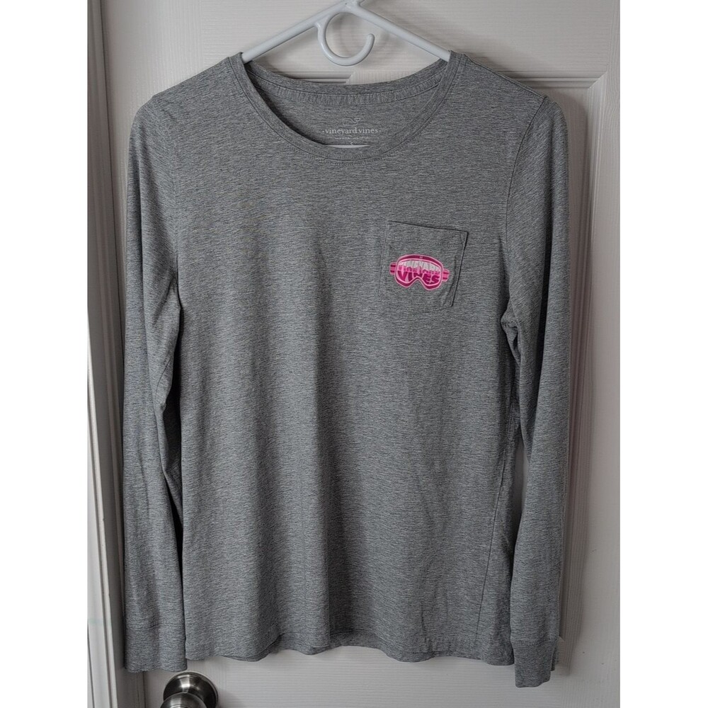 Vineyard Vines Grey Long Sleeve Shirt with Pink Logo Pocket Size S